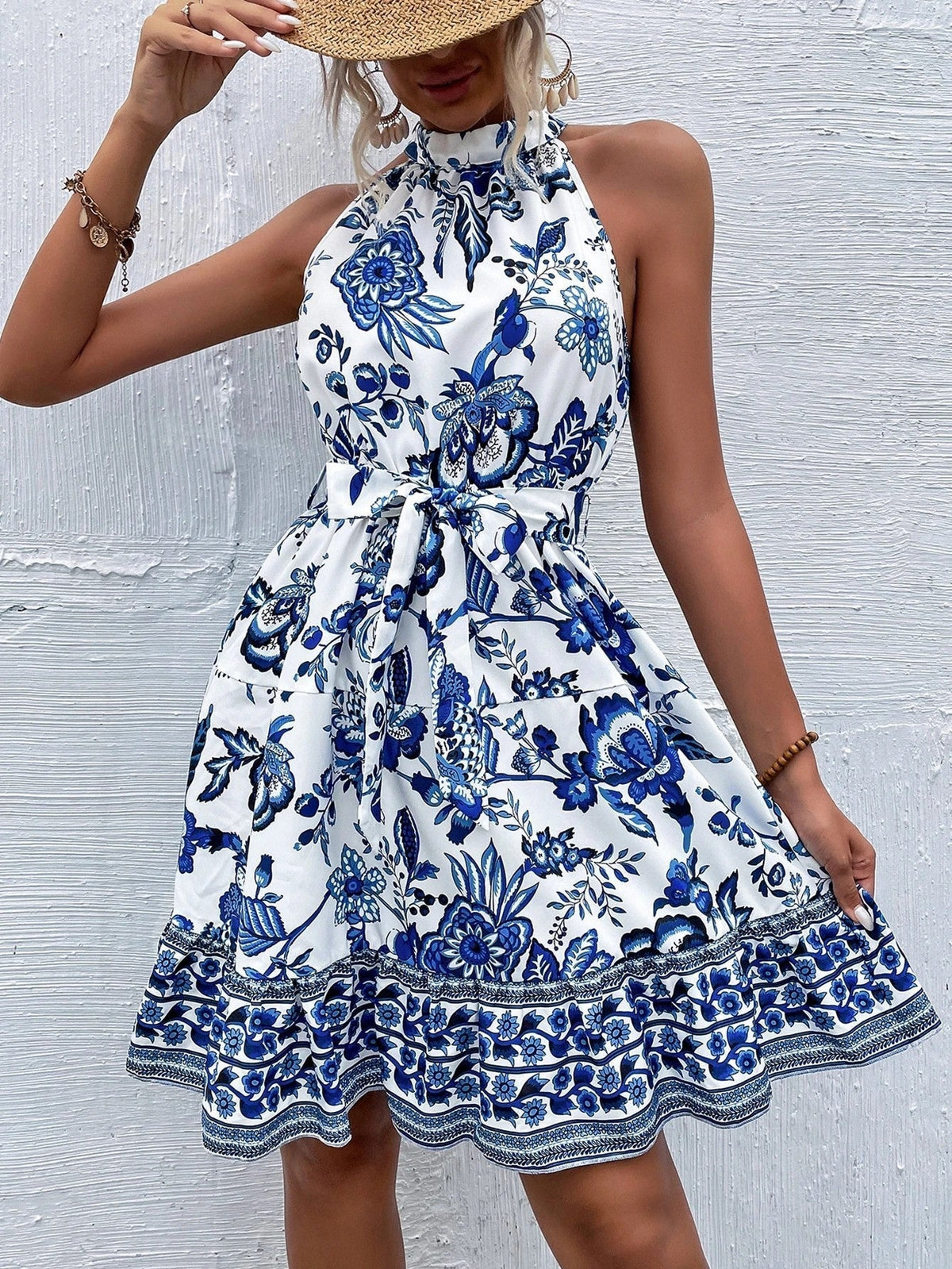 Botanical Floral Print Ruffle Halter Neck Tie Waist Border Hem Mini Dress 6