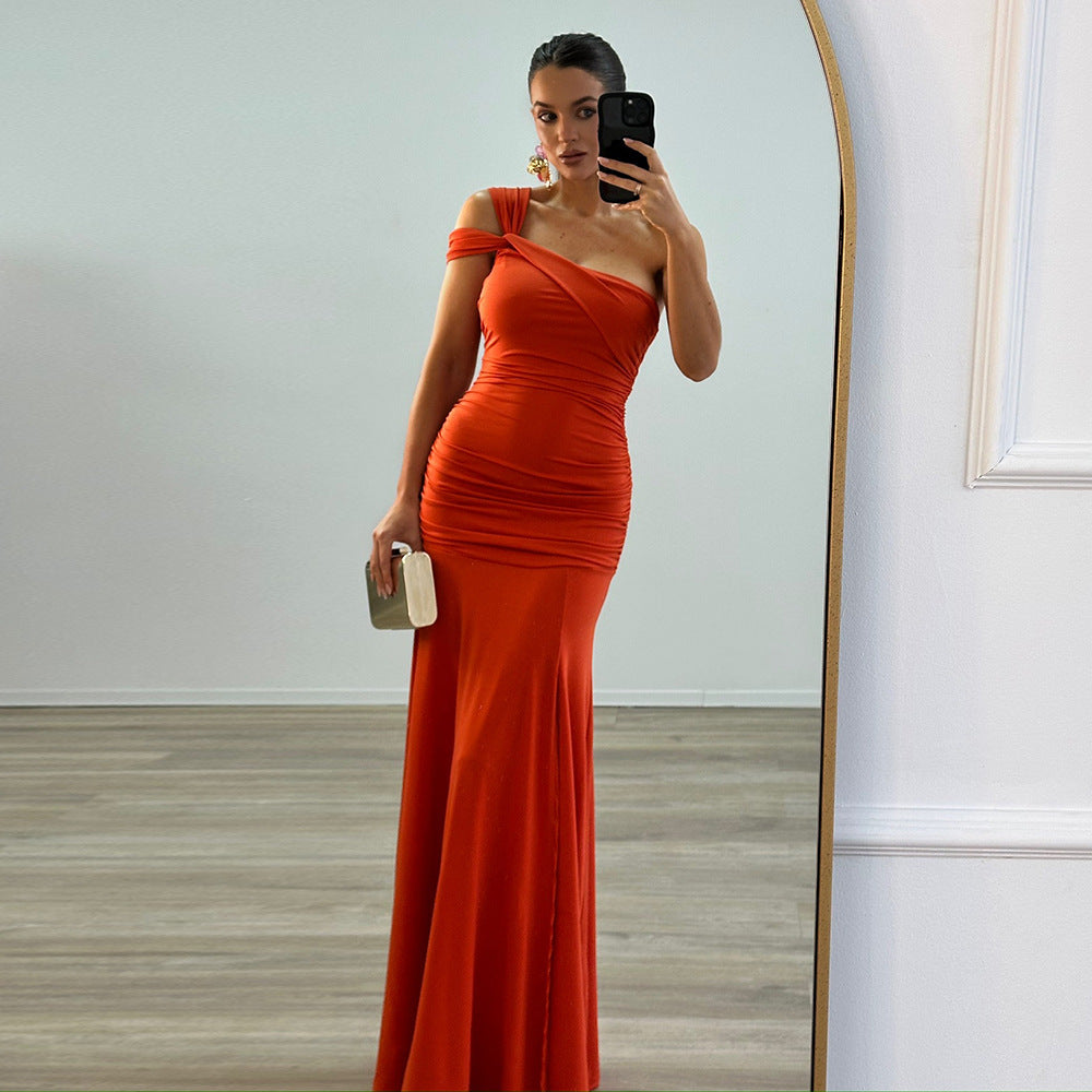 One Shoulder Ruched Gathered Bodycon Column Maxi Gown