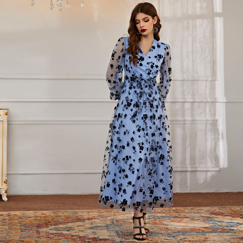 Wrap V Neck Tie Waist Sheer Floral Applique Long Sleeve Maxi Dress