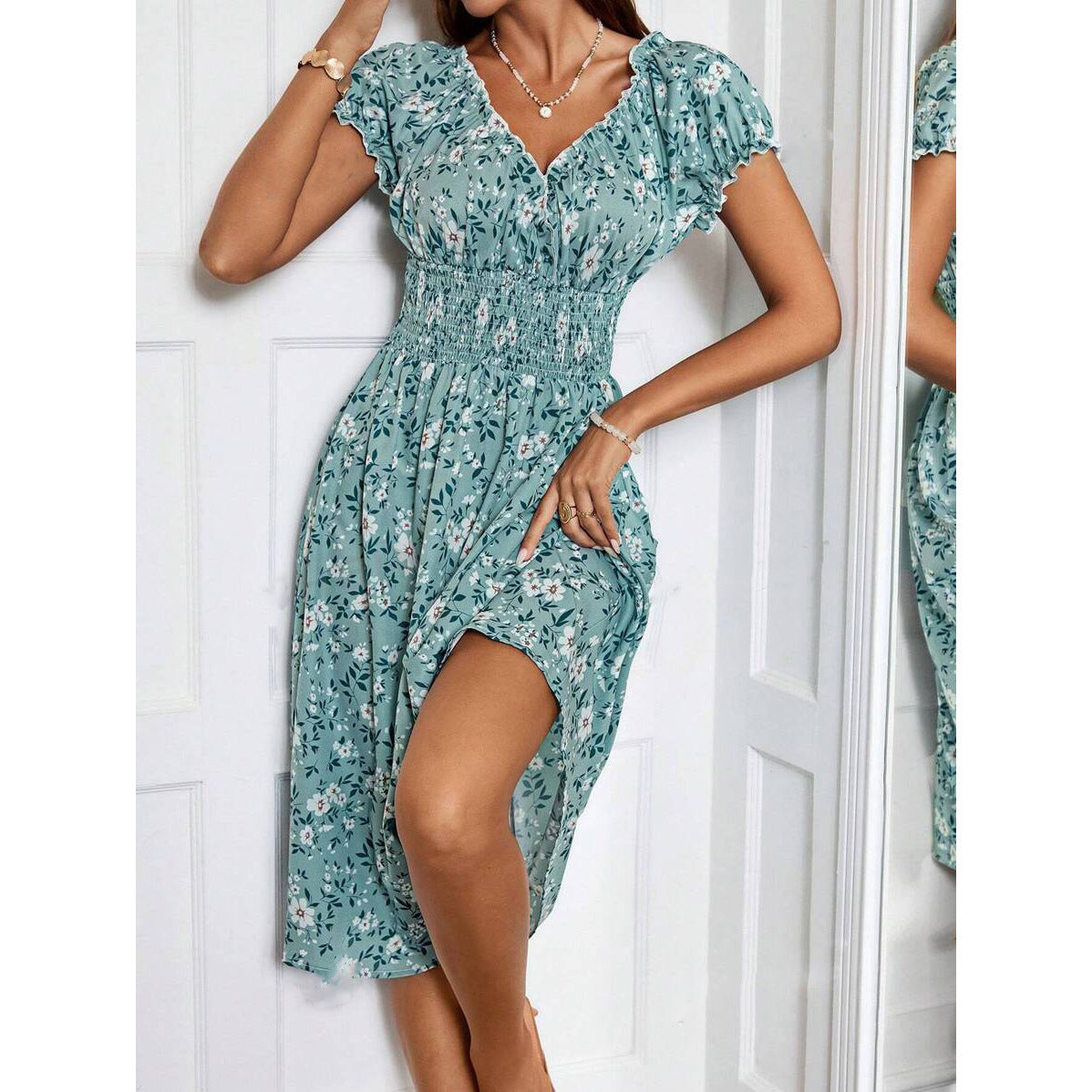 Ditsy Floral Lettuce-Edge V-Neck Puff Sleeve Smocked Waist A-Line Midi Dress 4
