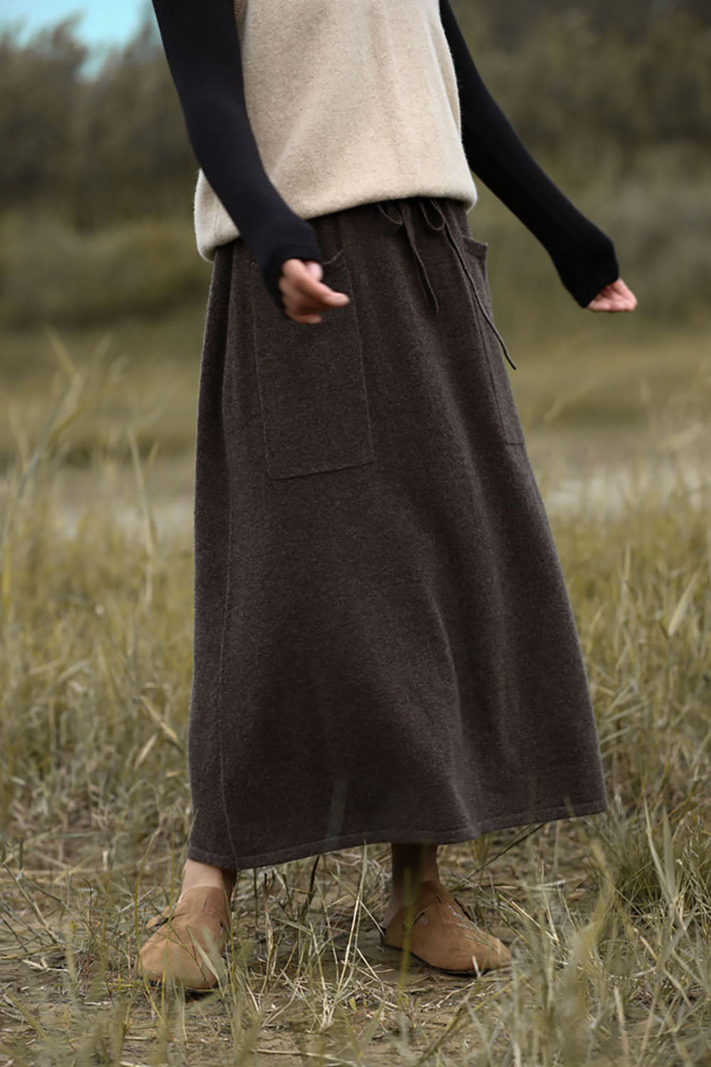 100% Pure Wool High-Waisted Pockets A-line Skirt