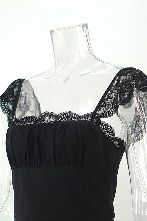 Square Neck Ruched Bust Lace Cap Sleeve High Waist Lace Hem Fit and Flare Mini Dress 6