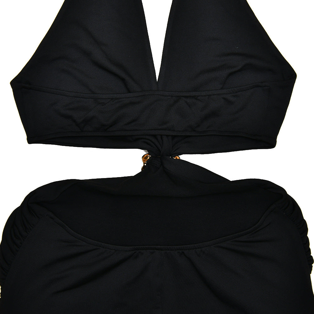 Halter Plunging V-Neck Side Waist Cutout Ring Detail Bodycon Maxi Dress 11