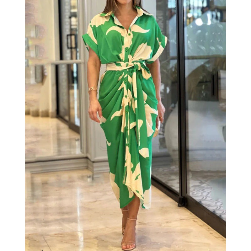 Tropical Leaf Print Button-Down Short Sleeve Tie-Waist Shirtdress Maxi Dress 3