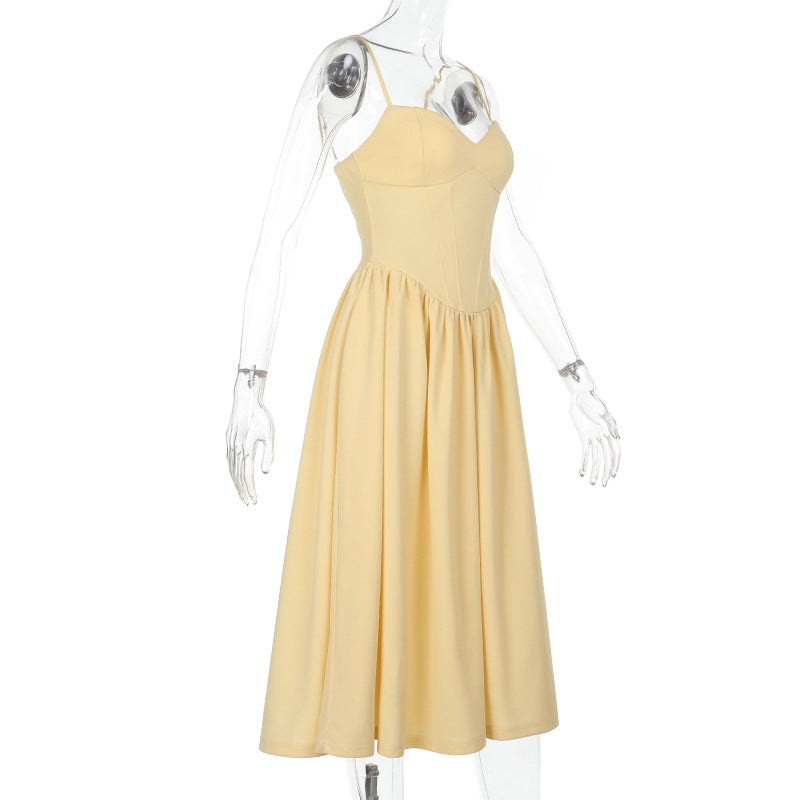 Sweetheart Spaghetti Strap Corset Bodice Pleated Pocket Midi Dress 8