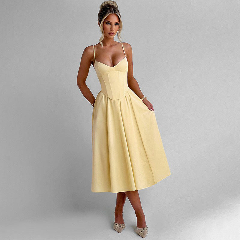 Sweetheart Spaghetti Strap Corset Bodice Pleated Pocket Midi Dress 3