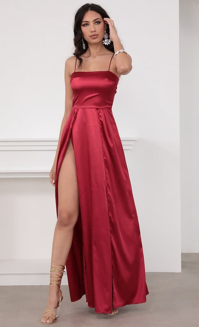 Square Neck Spaghetti Strap Satin Thigh Slit Column Maxi Gown