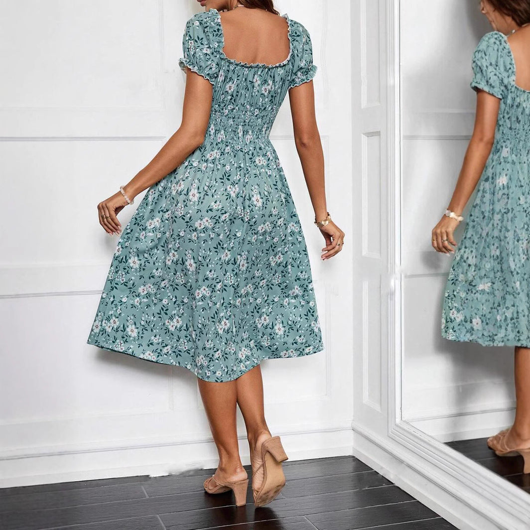 Ditsy Floral Lettuce-Edge V-Neck Puff Sleeve Smocked Waist A-Line Midi Dress 3