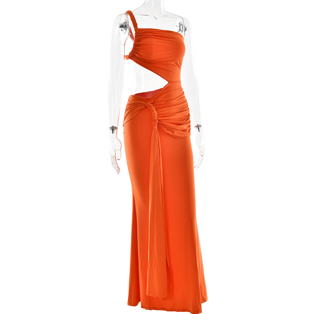 One Shoulder Ruched Side Cutout Pooling Sash Column Maxi Dress 5
