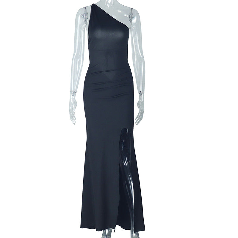 One Shoulder Ruched Thigh Slit Bodycon Maxi Gown 3