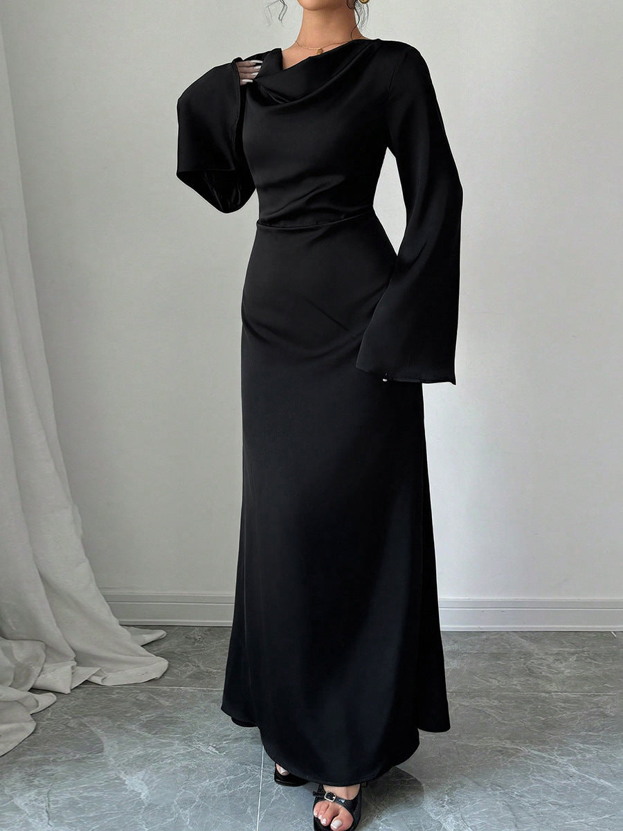 Black Cowl Neck Bell Sleeve Tie Waist Bodycon Maxi Dress 4