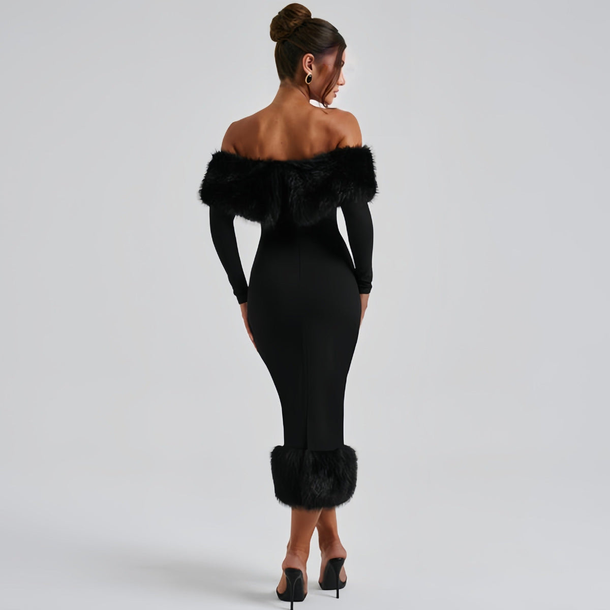 Off Shoulder Faux Fur Trim Long Sleeve Bodycon Midi Dress 3