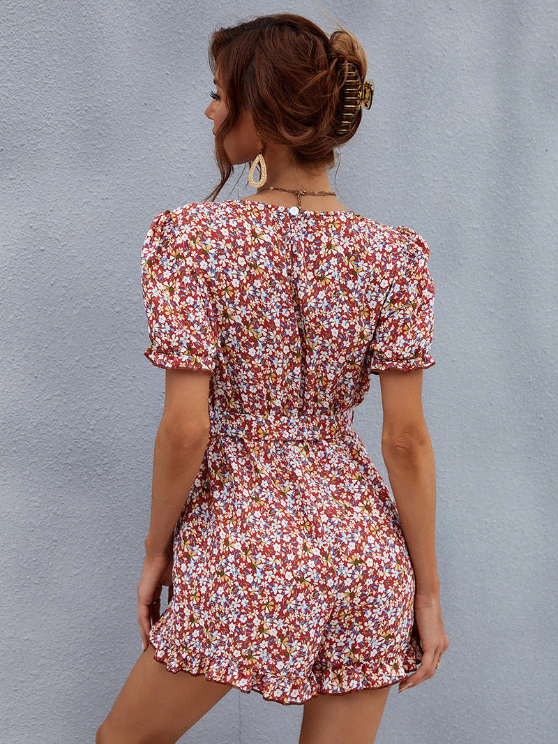 Ditsy Floral Print Surplice Tie Waist Ruffle Hem Romper 6