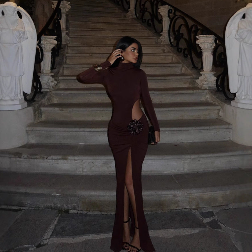 Mock Neck Long Sleeve Waist Cutout 3D Floral Applique Slit Maxi Gown