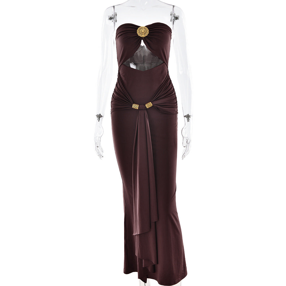 Halter Deep V Ruched Bodice Center Panel Drape Maxi Gown 7