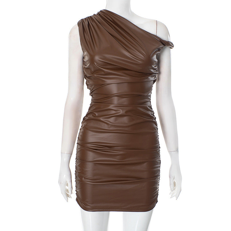 Diagonal Collar One Shoulder Twisted Pleat Faux Leather Sheath Dress 3