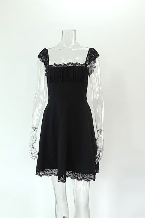 Square Neck Ruched Bust Lace Cap Sleeve High Waist Lace Hem Fit and Flare Mini Dress 7