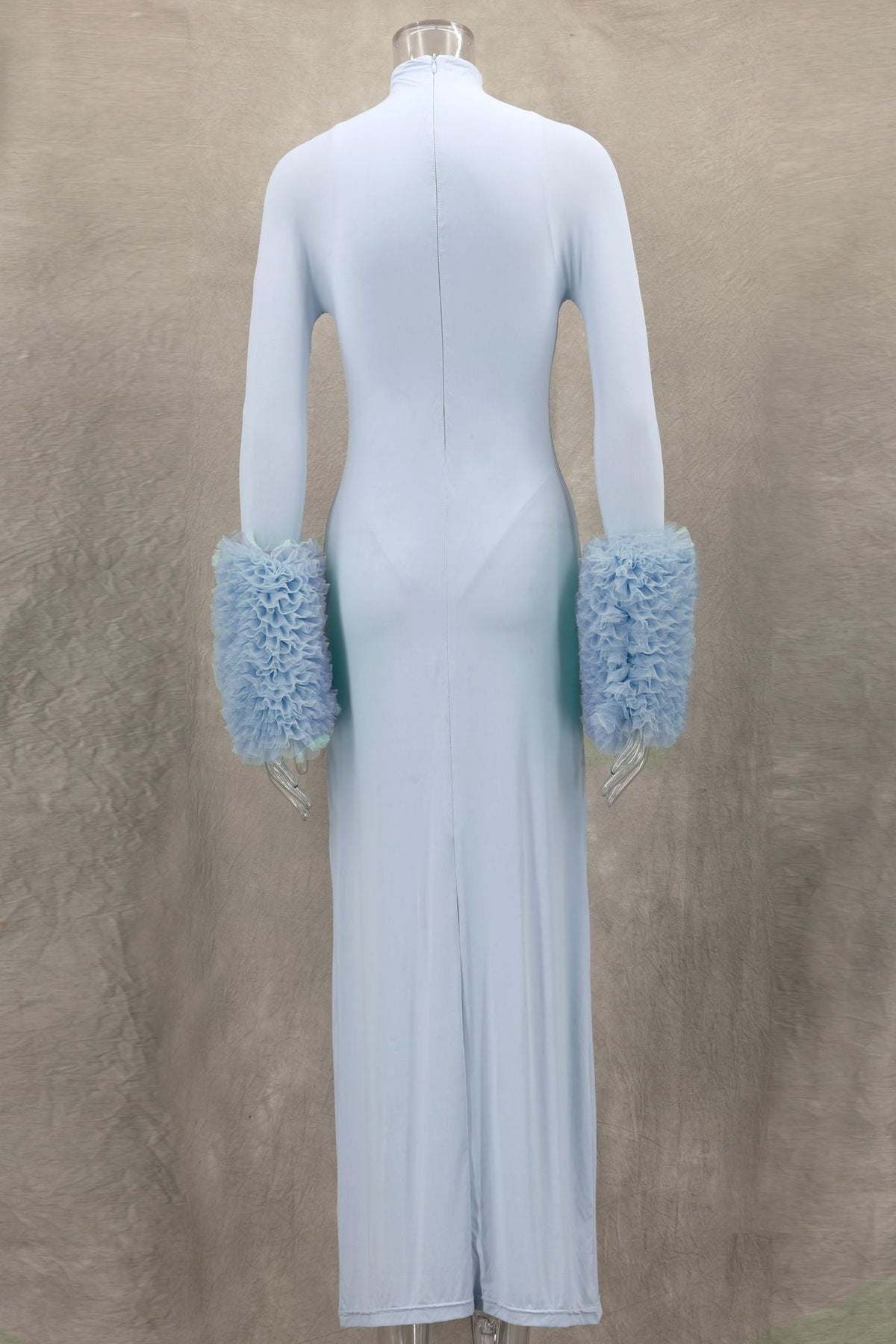 Mock Neck Ribbed Knit Oversized Ruffle Cuff Column Maxi Gown 9