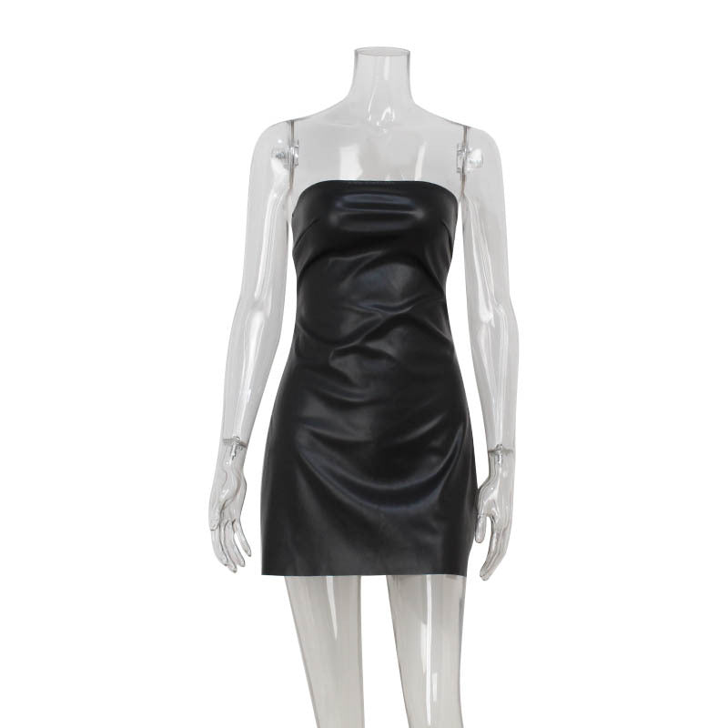 Strapless Tube Waist Seam Faux Leather Bodycon Mini Dress 3
