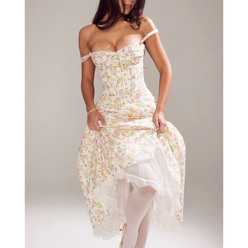 Floral Bustier Lace-Up Cami Strap Flared Midi Dress 2