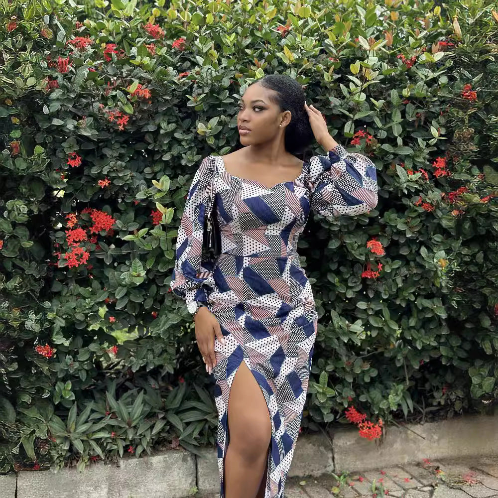 Square Neck Puff Sleeve Geometric Polka Dot Print High Slit Midi Dress 2