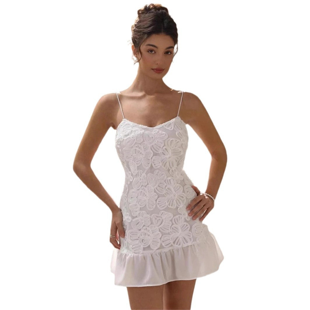 Floral Lace Appliqué Spaghetti Strap Ruffle Hem Bodycon Mini Dress 5