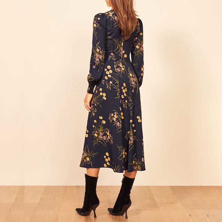 Sweetheart Knot Neck Floral Long Sleeve Thigh Slit Midi Dress 2