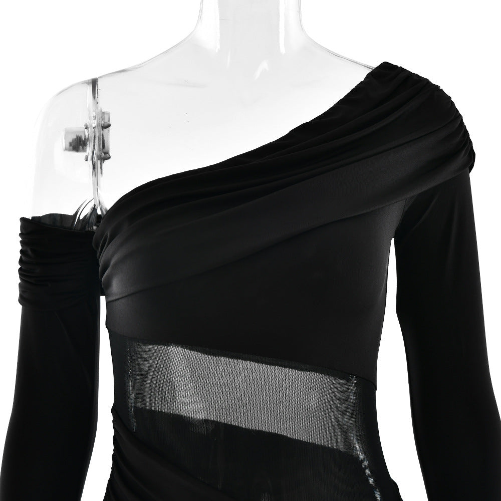 One Shoulder Asymmetric Ruching Mesh Midriff High Slit Maxi Gown 8