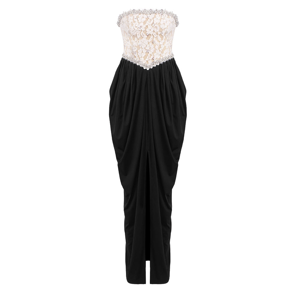 Lace Embellished Strapless Corset Basque Waist High Split Maxi Gown 6
