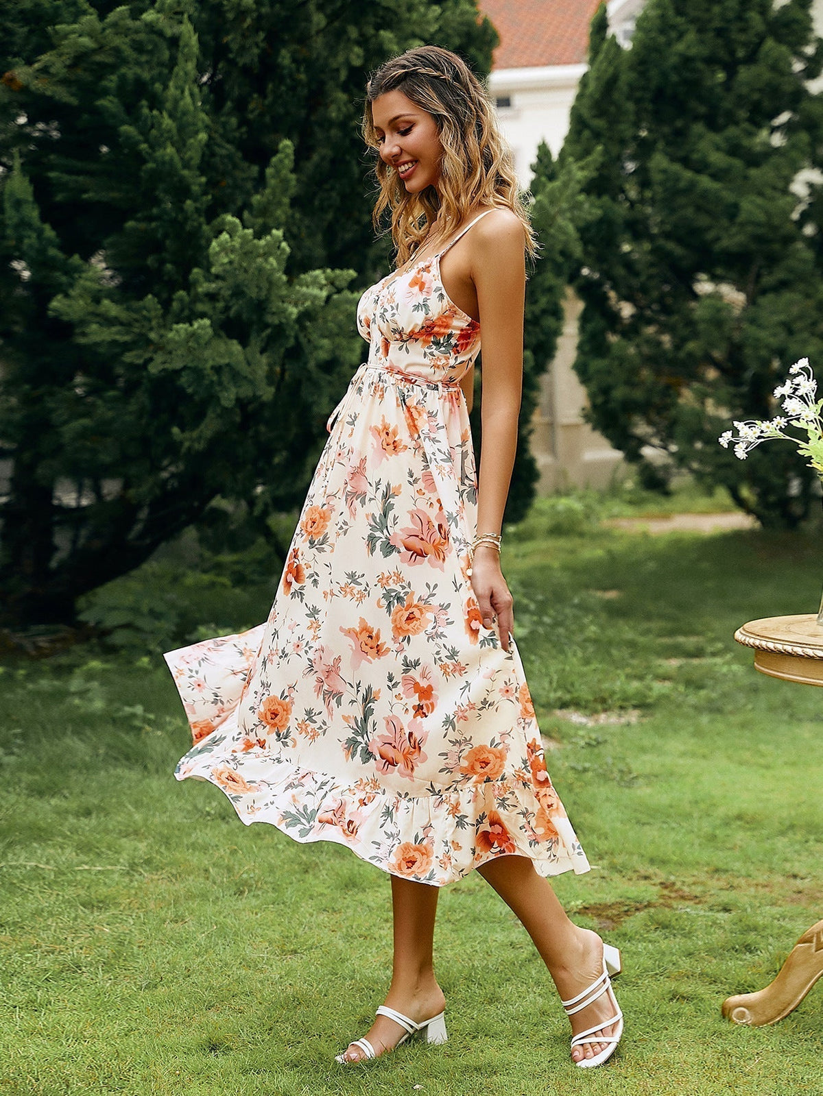 Spaghetti Strap Ruched Bust Drawstring Empire Waist Tiered Ruffle Floral Midi Dress 3