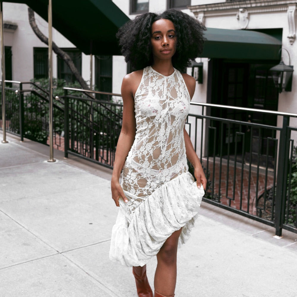 High Neck Sleeveless Sheer Floral Lace Ruffle Flounce High Slit Maxi Dress 9