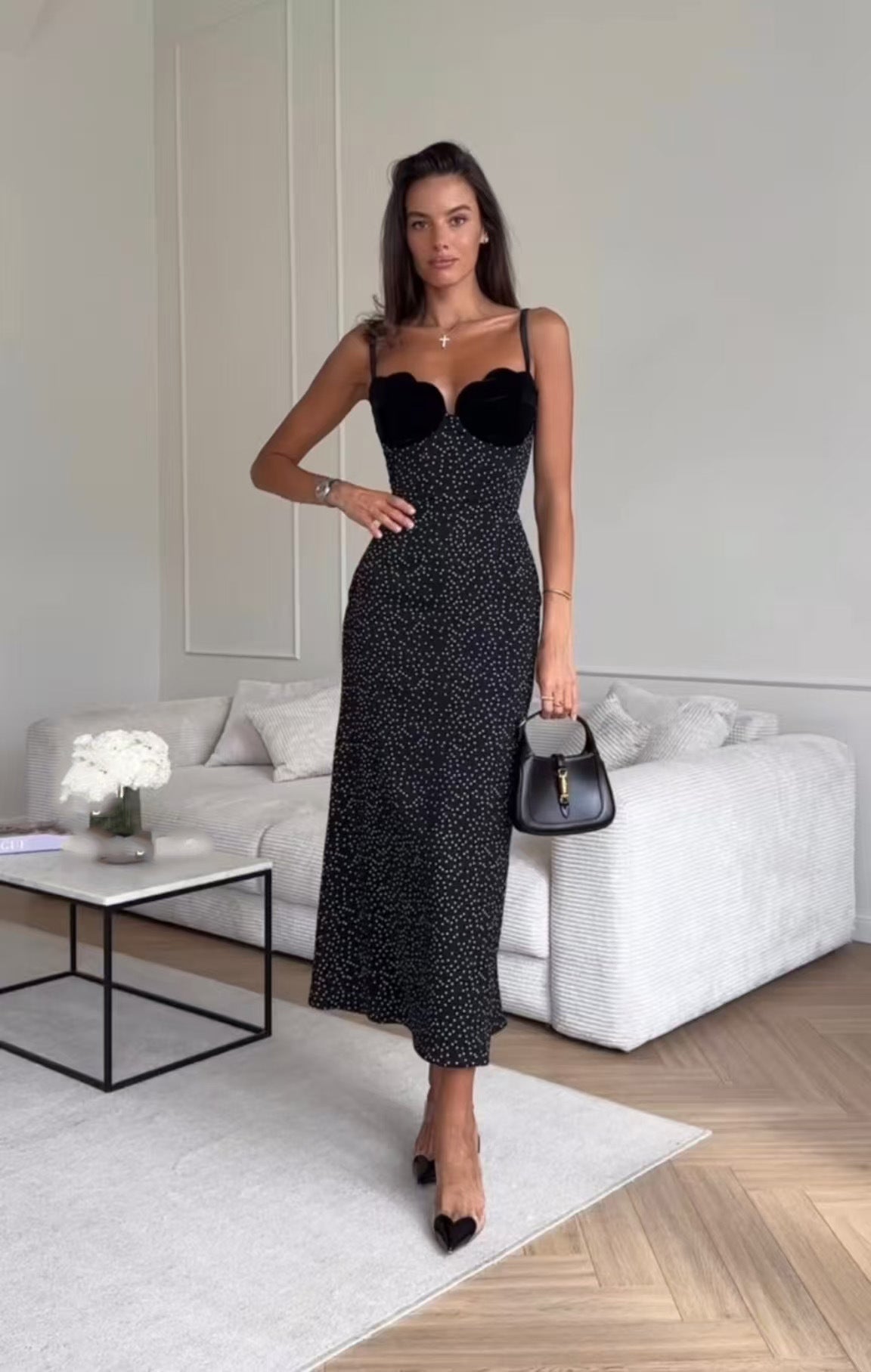 Spaghetti Strap Scalloped Velvet Bust Polka Dot Bodycon Maxi Dress 4