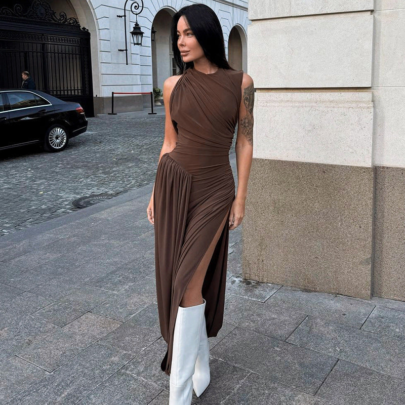 High Neck Ruched Draped High Slit Sleeveless Maxi Dress