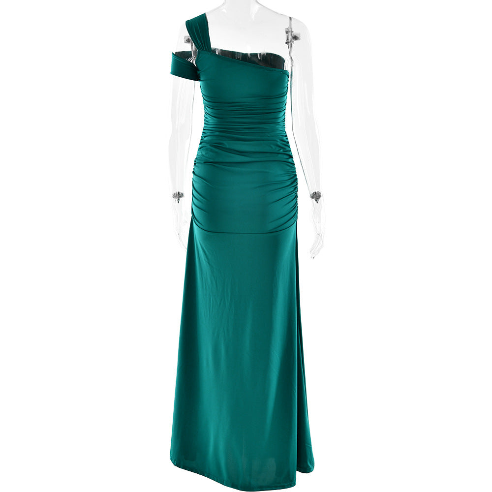 One Shoulder Ruched Gathered Bodycon Column Maxi Gown 4