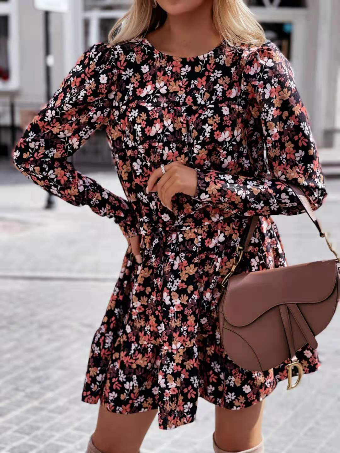 Crew Neck Long Sleeve Self Tie Waist Tiered Ruffle Floral Mini Dress 2