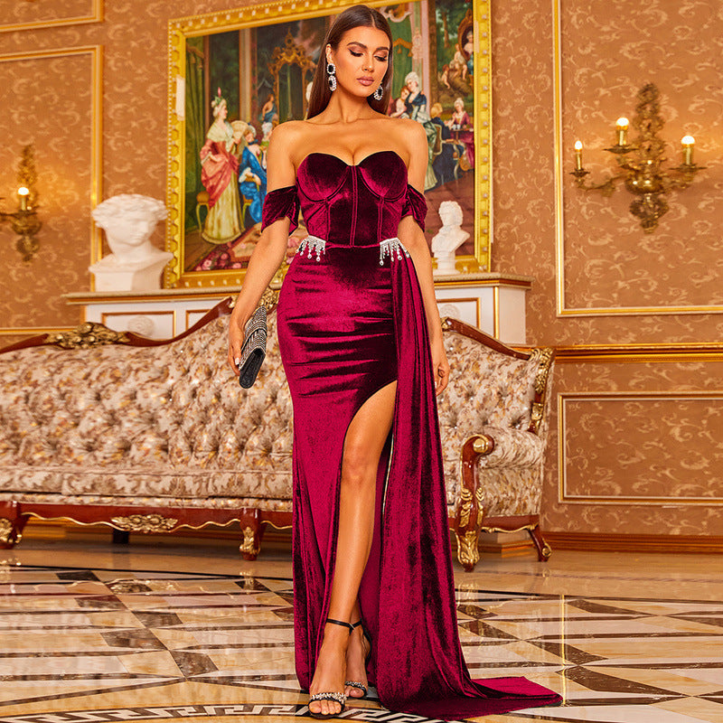 Off Shoulder Velvet Corset Rhinestone Fringe High Slit Maxi Gown 5