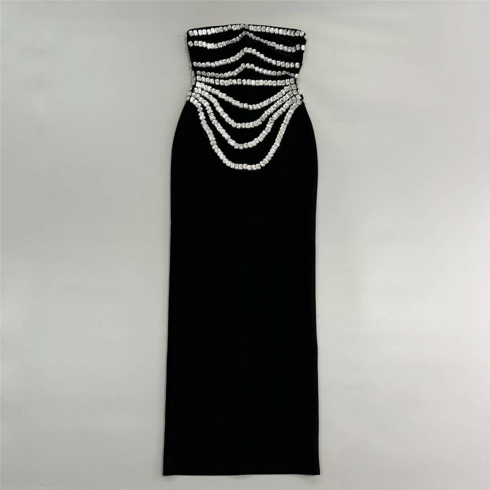Strapless Bandeau Rhinestone Tiered Crystal Draped Velvet Column Maxi Gown 2