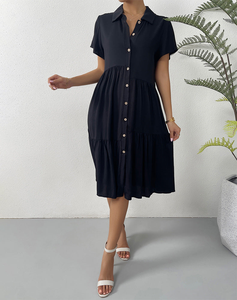 Collared Button Front Tie Belt Tiered Ruffle Midi Dress 4