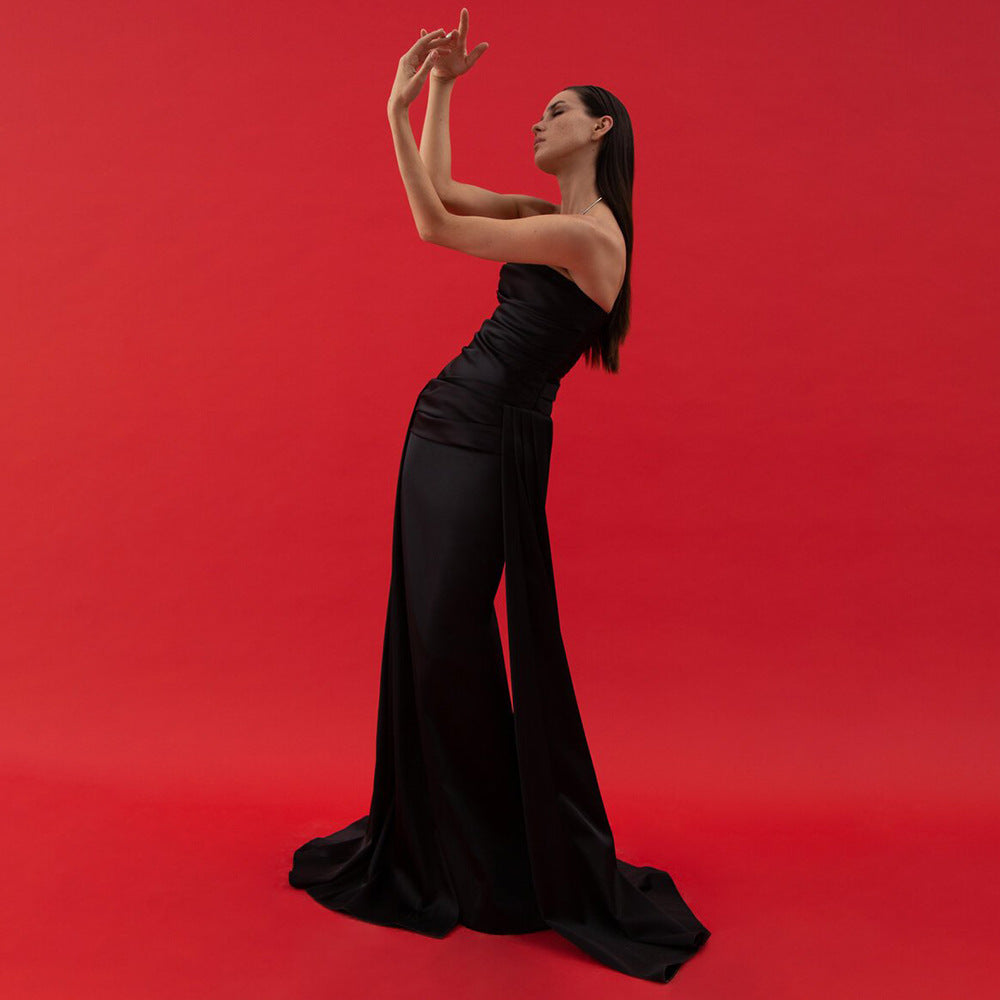 Strapless Ruched Draped Wing Panel Satin Column Maxi Gown