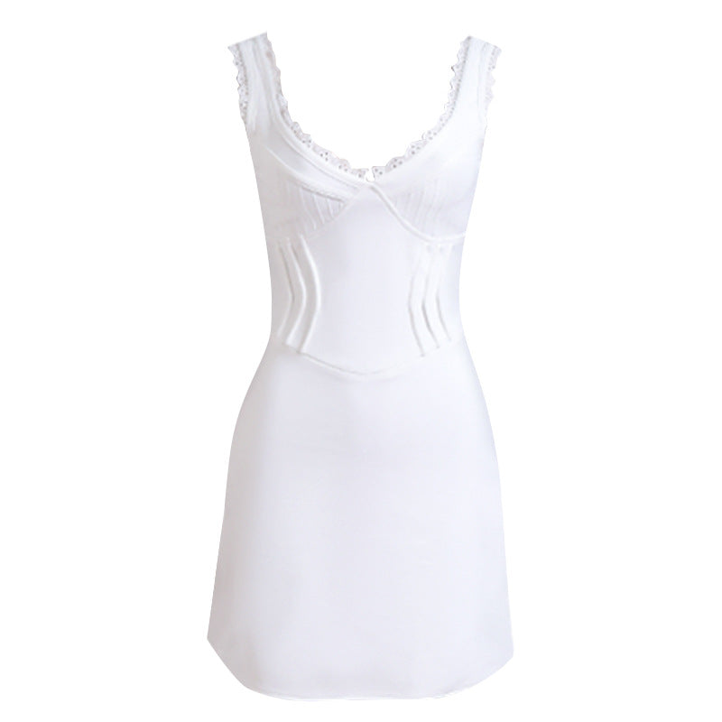 Lace Trim Corset Boning Sweetheart Tank Strap A-Line Mini Dress 4