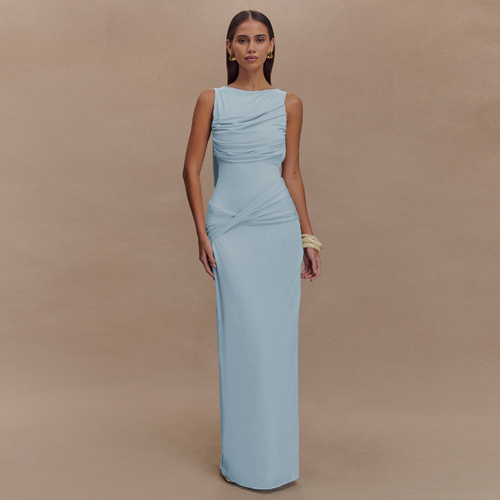 Boat Neck Ruched Bodice Twisted Drape Column Maxi Gown
