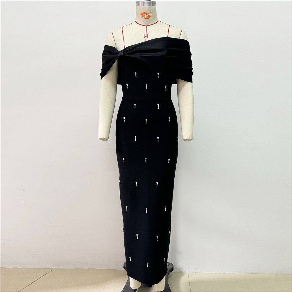 Off-the-Shoulder Draped Satin Bodice Beaded Column Floor-Length Gown 2