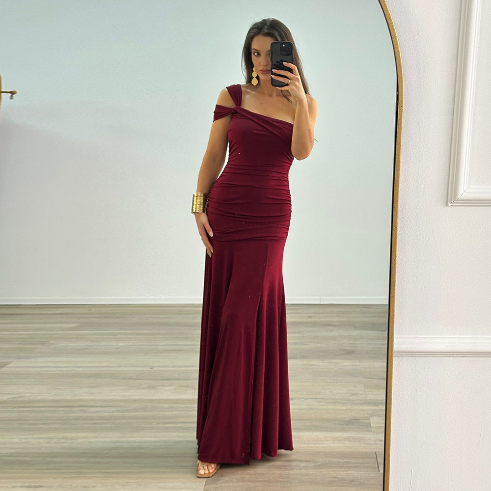 One Shoulder Ruched Twist Strap Mermaid Flare Maxi Gown