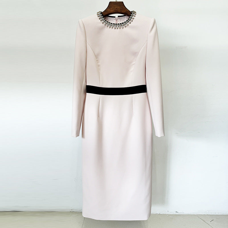 Crystal Embellished Crew Neck Long Sleeve Contrast Waistband Sheath Midi Dress 3