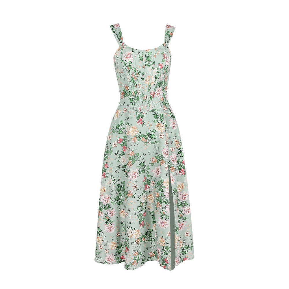 Floral Print Corset Boning Scoop Neck Tank Strap Side Slit A-Line Midi Dress 5