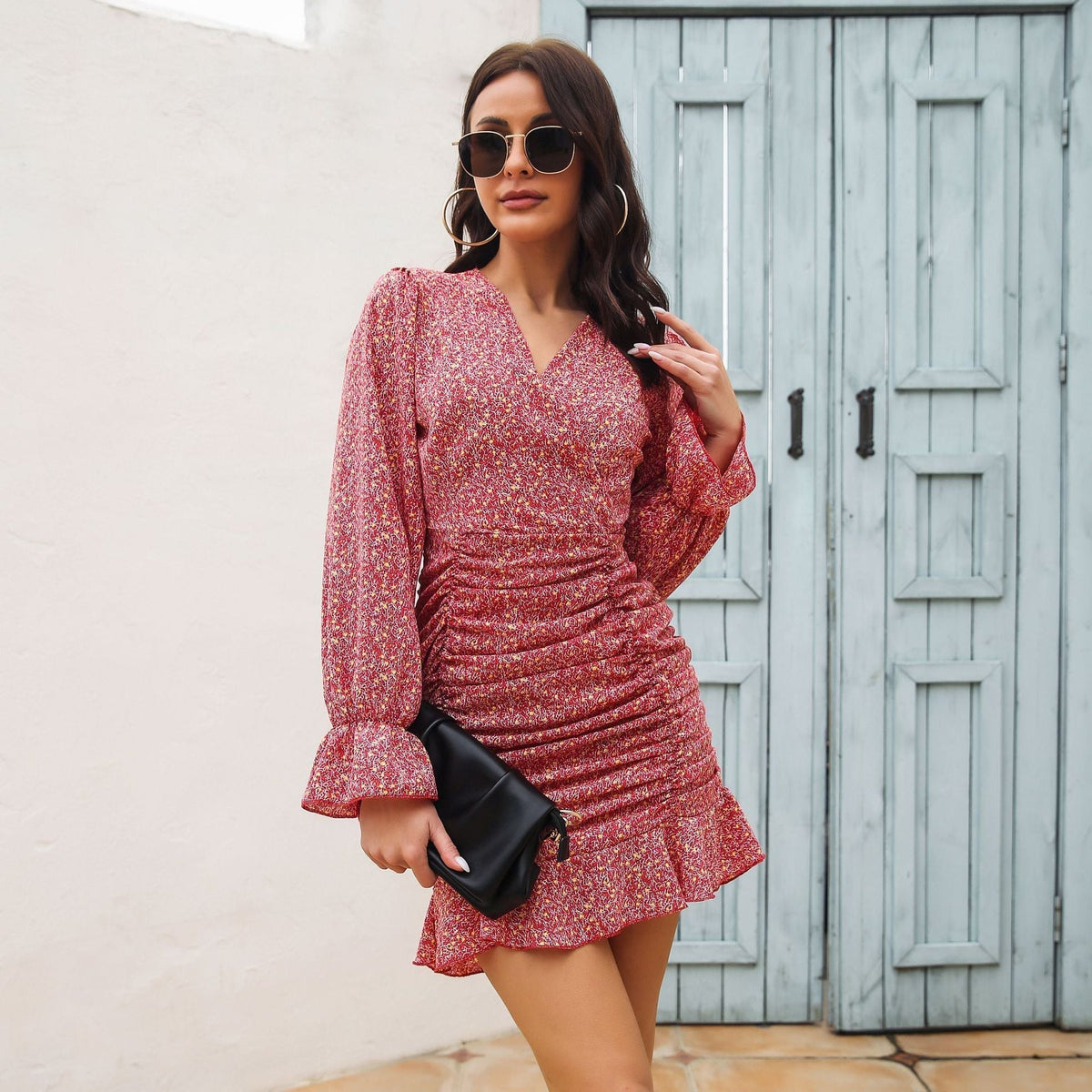 V-Neck Surplice Wrap Front Floral Ruched Shirred Puff Cuff Mini Dress