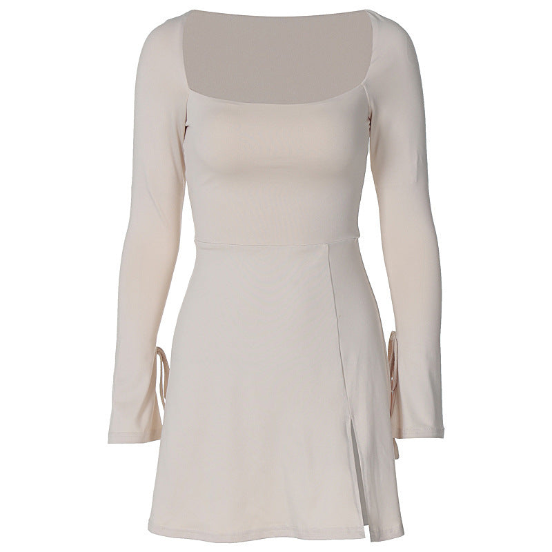 Square Neck Long Sleeve Tie Cuff Slit Knit Mini Dress 7
