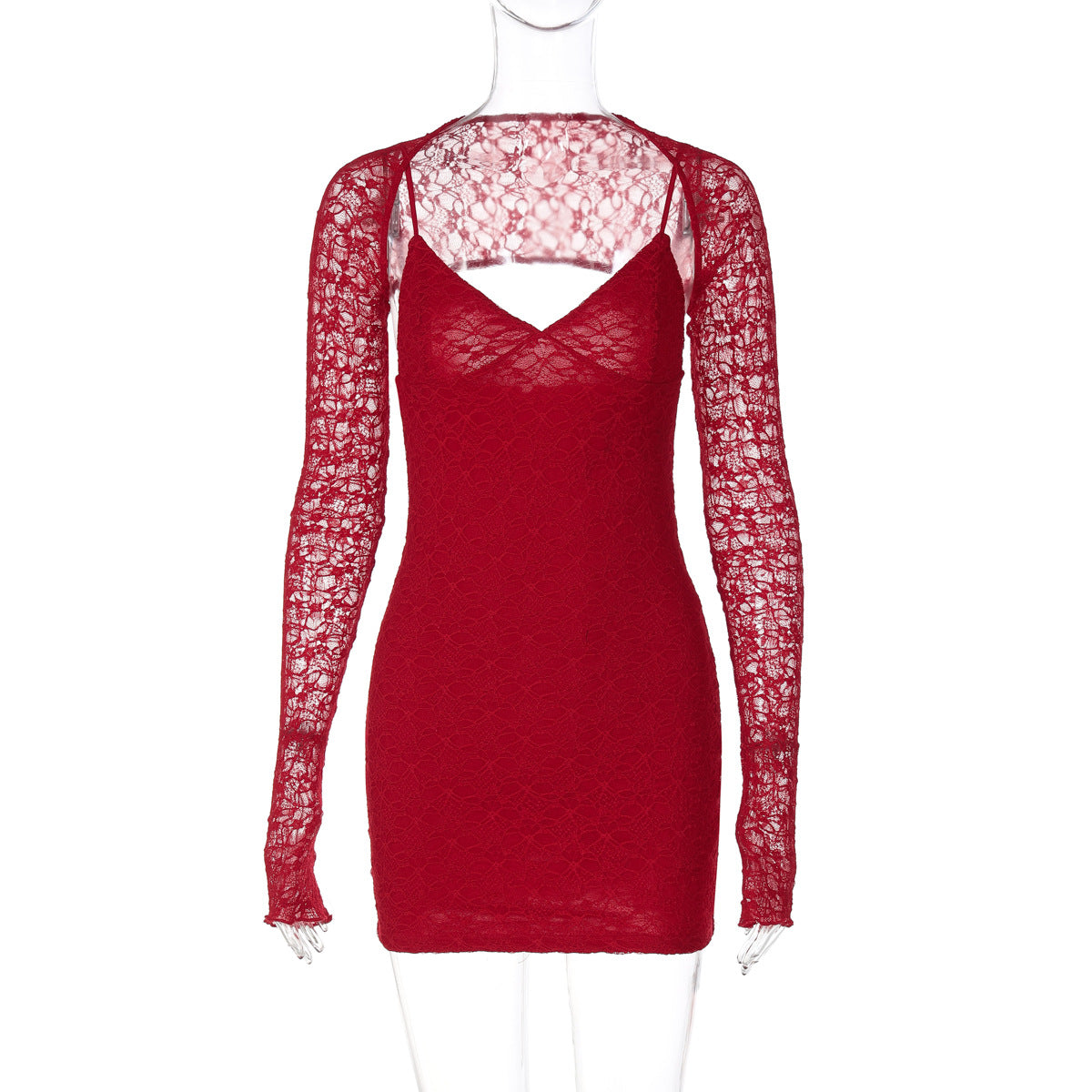Floral Lace Deep V-Neck Spaghetti Strap Bodycon Mini Dress with Lace Bolero 3