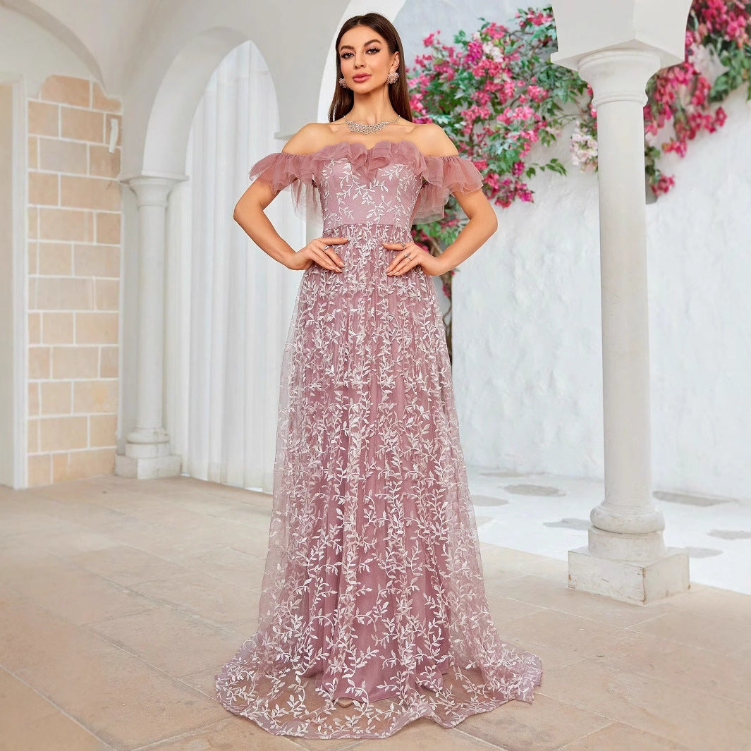 Off Shoulder Ruffle Trim Floral Lace A-Line Maxi Gown