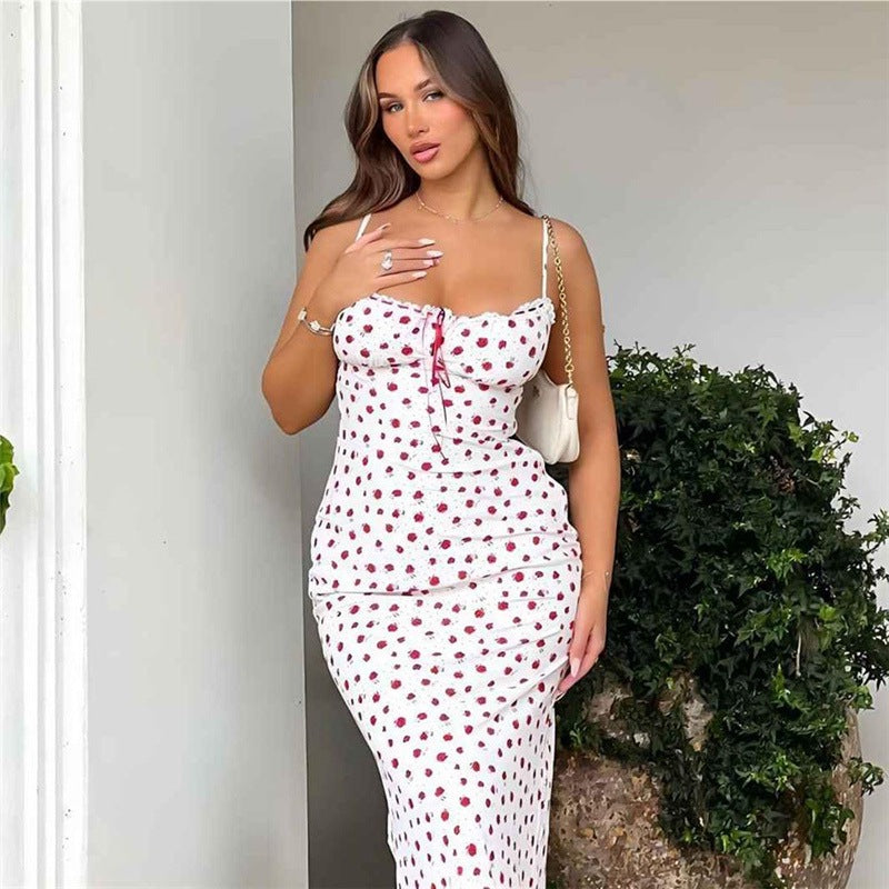 Ditsy Floral Print Spaghetti Strap Sweetheart Ruffle Trim Slip Maxi Dress 3
